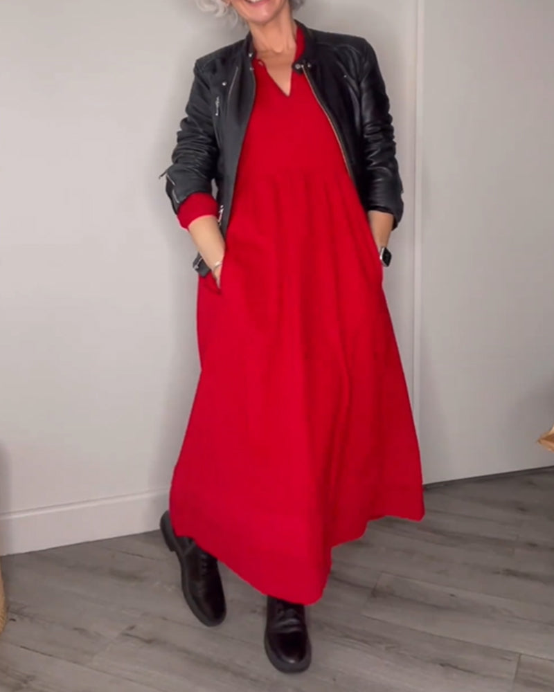 Sofia - Robe longue élégante à col en V et poches