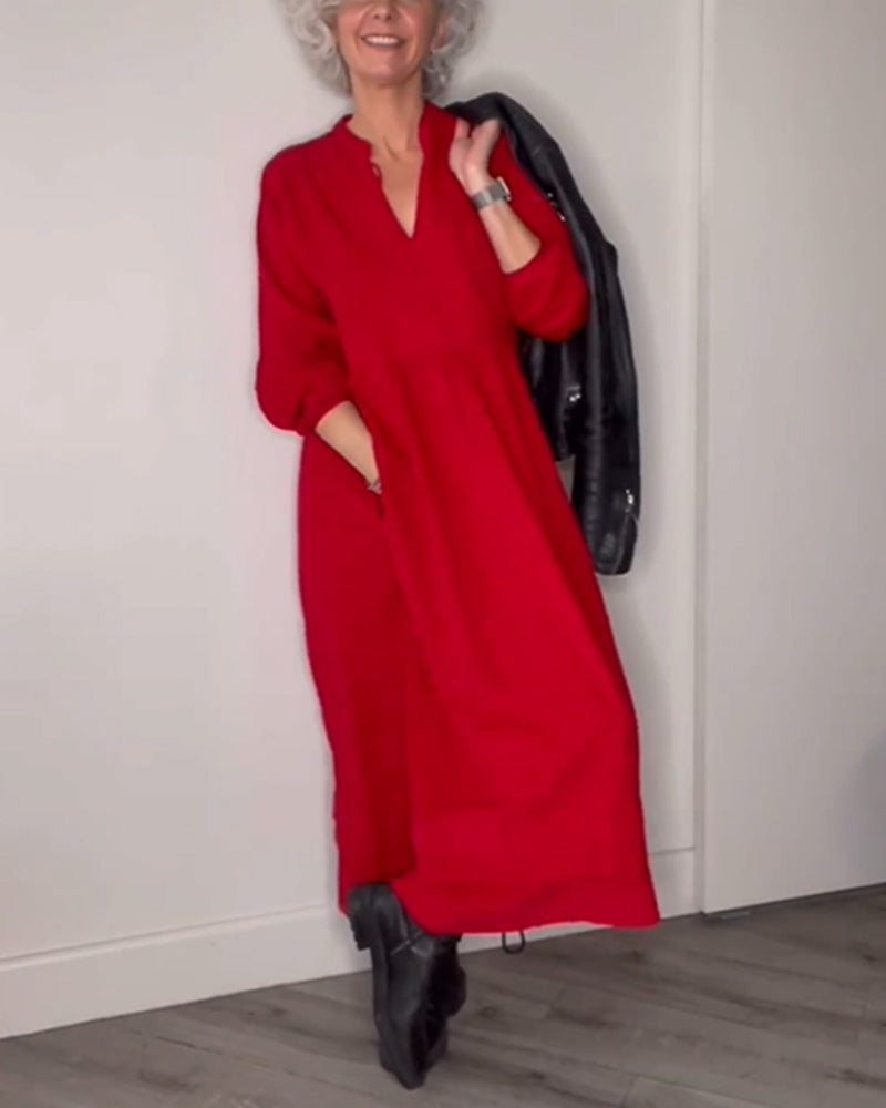 Sofia - Robe longue élégante à col en V et poches
